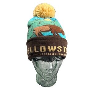 National Park Yellowstone Bison Cuffed Knit Beanie Hat Pom Ball AOP Winter